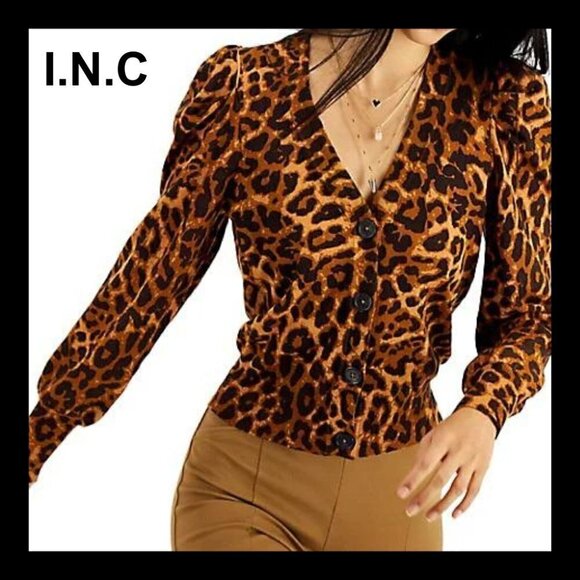 NWT I.N.C. Leopard print puff sleeve cardigan - Picture 1 of 11
